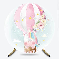Lofaris Pink and White Striped Hot Air Balloon Unicorn Round Backdrop Pastel Flowers Stars for Baby Shower Birthday Party