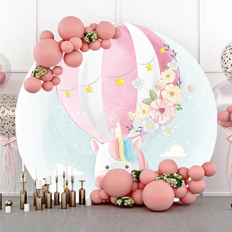 Lofaris Pink and White Striped Hot Air Balloon Unicorn Round Backdrop Pastel Flowers Stars for Baby Shower Birthday Party