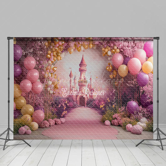 Lofaris Pink Arch Floral Balloon Castle Cake Smash Backdrop