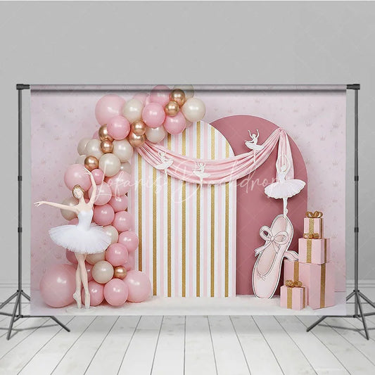 Lofaris Pink Ballerina and Golden Stripes Backdrop Ballet Tutu Ribbon Decor for Girl Birthday Cake Smash