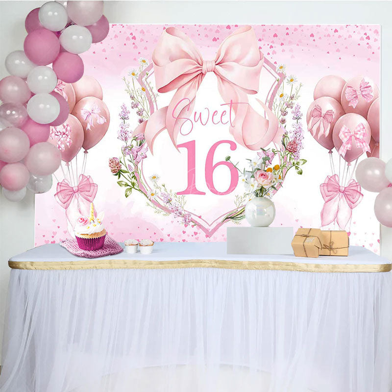 Lofaris Pink Balloons Bow Floral Sweet 16 Birthday Backdrop