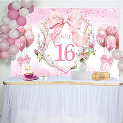 Lofaris Pink Balloons Bow Floral Sweet 16 Birthday Backdrop