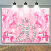 Lofaris Pink Balloons Gifts Crown 20th Birthday Backdrop