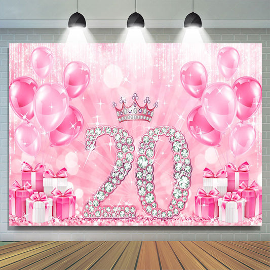 Lofaris Pink Balloons Gifts Crown 20th Birthday Backdrop