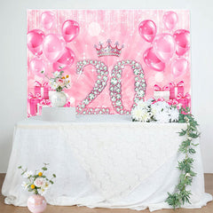 Lofaris Pink Balloons Gifts Crown 20th Birthday Backdrop