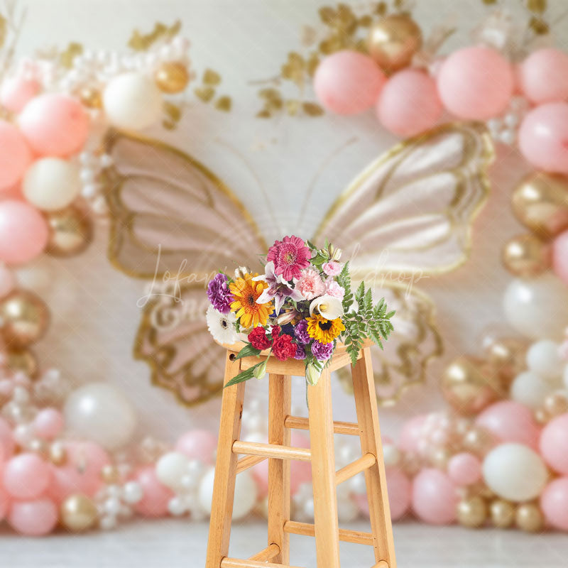 Lofaris Pink Balloons Pearl Butterfly Cake Smash Backdrop