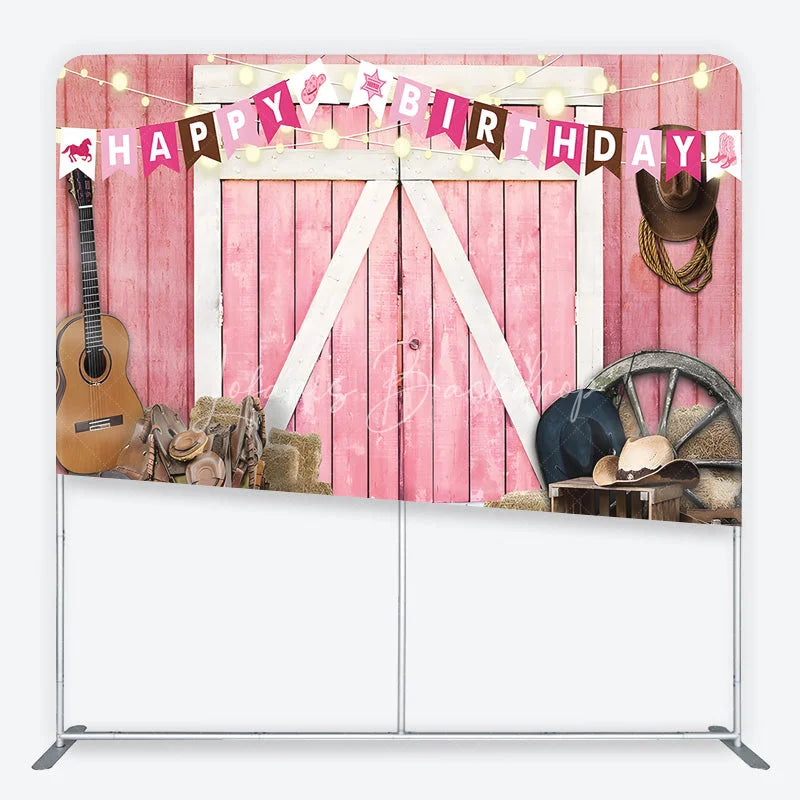 Lofaris Pink Barn Door Happy Birthday Square Double-Sided Backdrop Rustic Country Western Farm Party Decor with Cowboy Elements