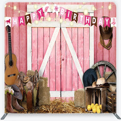 Lofaris Pink Barn Door Happy Birthday Square Double-Sided Backdrop Rustic Country Western Farm Party Decor with Cowboy Elements
