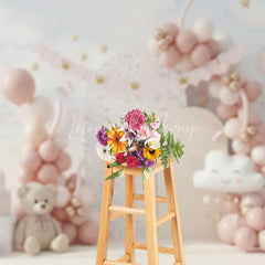Lofaris Pink Bear Cake Smash Backdrop Balloon Garland Castle Background Girl 1st Birthday Princess Cloud Photography Prop