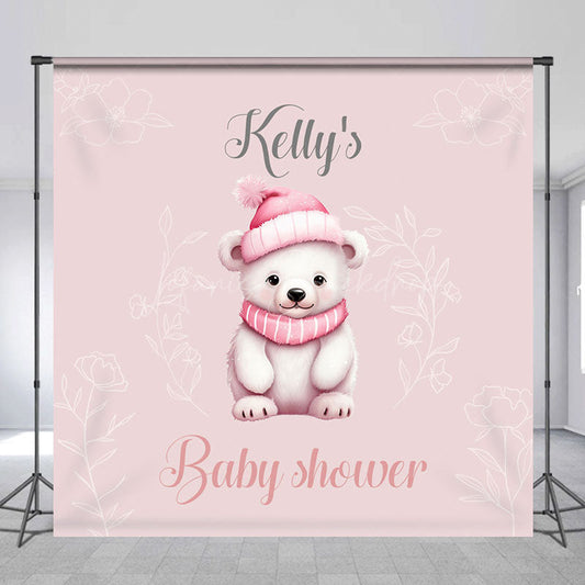 Lofaris Pink Bear Floral Custom Name Baby Shower Backdrop
