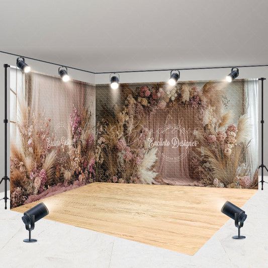 Lofaris Pink Beige Boho Floral Curtain Room Set Backdrop