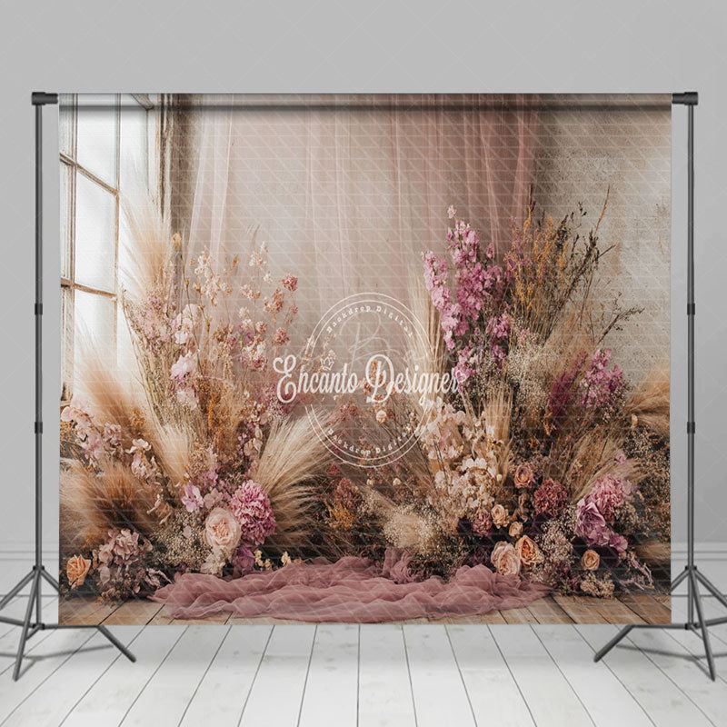 Lofaris Pink Beige Boho Floral Curtain Room Set Backdrop