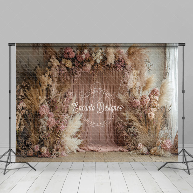 Lofaris Pink Beige Boho Floral Curtain Room Set Backdrop