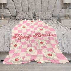 Lofaris Pink Beige Plaid Simle Daisy Custom Name Blanket