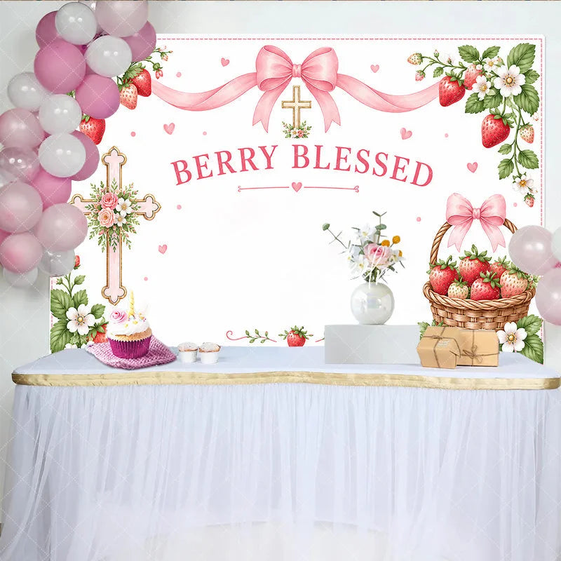 Lofaris Pink Berry Blessed Strawberry Birthday Backdrop with Cross and Gingham Ribbon Sweet Floral Basket Decor