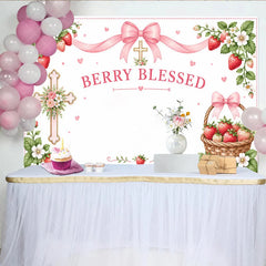 Lofaris Pink Berry Blessed Strawberry Birthday Backdrop with Cross and Gingham Ribbon Sweet Floral Basket Decor