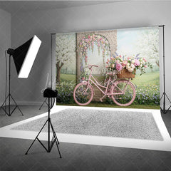 Lofaris Pink Bicycle and Floral Arch Spring Garden Photography Backdrop Whimsical Pastel Flowers for Party Decor