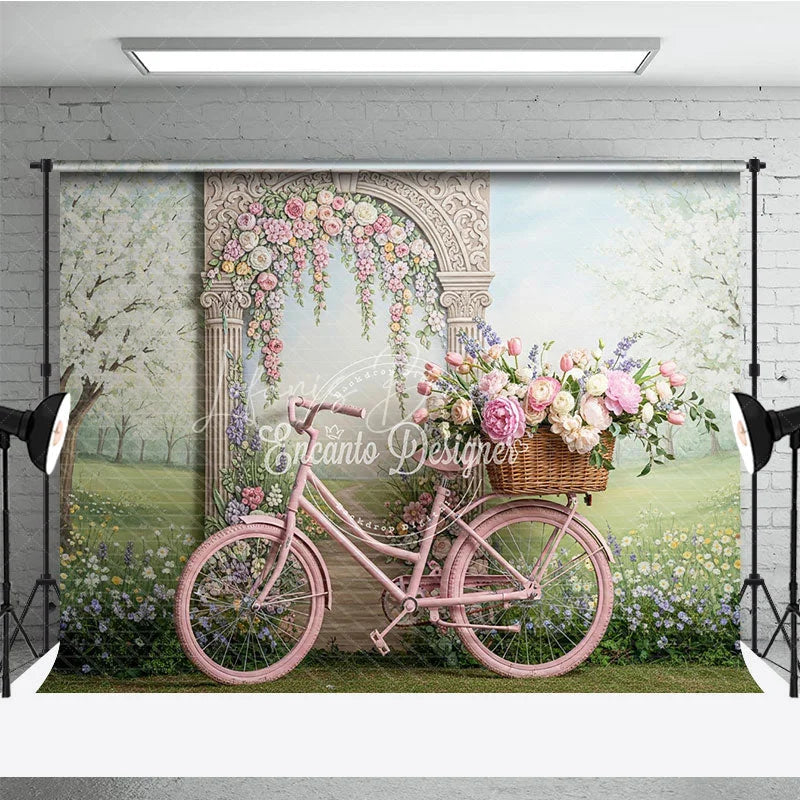 Lofaris Pink Bicycle and Floral Arch Spring Garden Photography Backdrop Whimsical Pastel Flowers for Party Decor