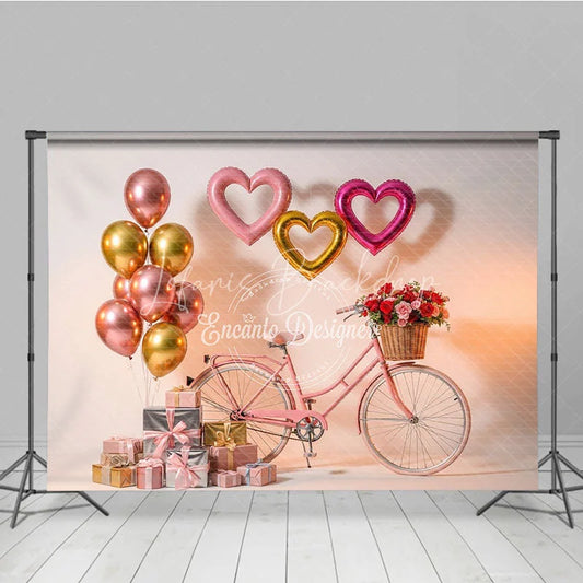 Lofaris Pink Bicycle Valentine Day Backdrop Rose Basket Heart Balloons Gift Box Background Romantic Photography Banner