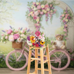 Lofaris Pink Bicycle with Floral Arch and Teddy Bear Photography Backdrop Spring Garden Theme for Baby Shower