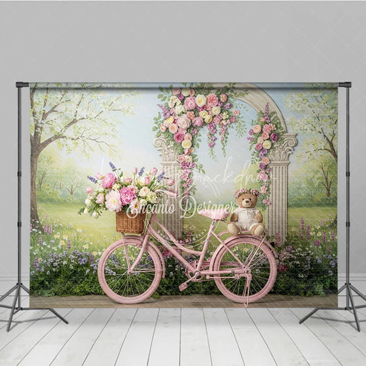 Lofaris Pink Bicycle with Floral Arch and Teddy Bear Photography Backdrop Spring Garden Theme for Baby Shower