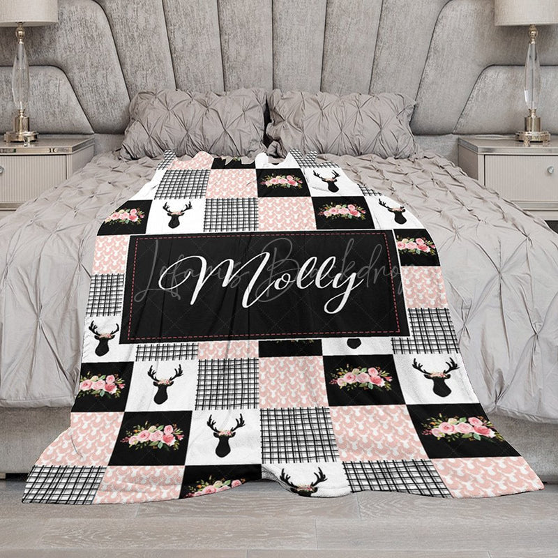 Lofaris Pink Black White Elk Floral Plaid Custom Name Blanket