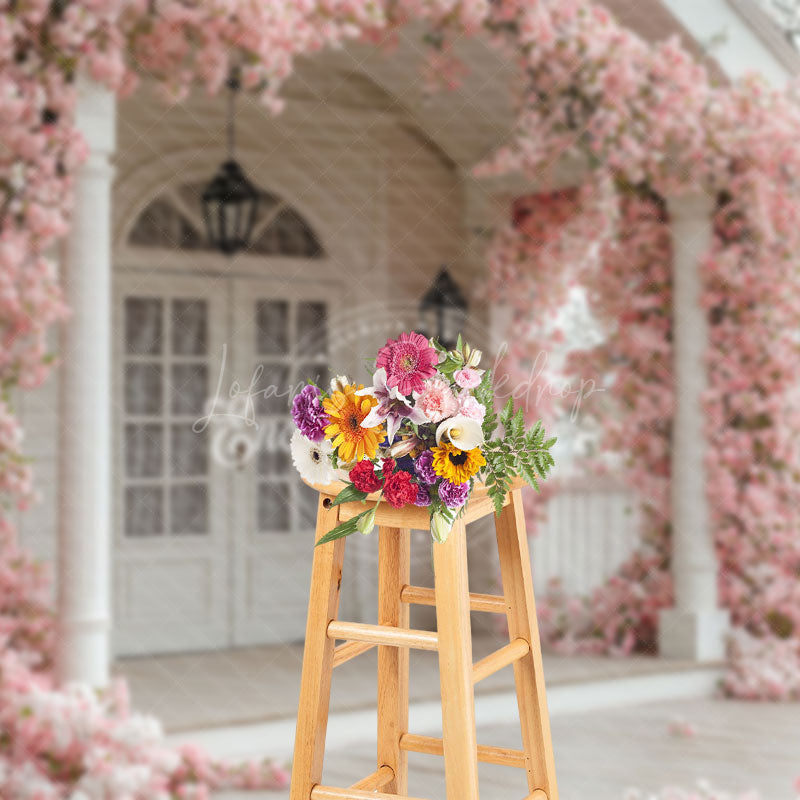 Lofaris Pink Blooming Flower White Door Spring Backdrop