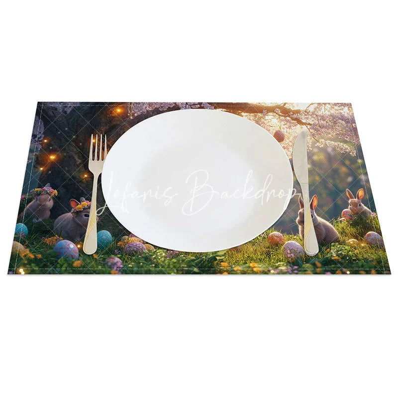 Lofaris Pink Blossom Bunny Set of 4 Placemats Spring Flower Tree Easter Holiday Table Mats Decor
