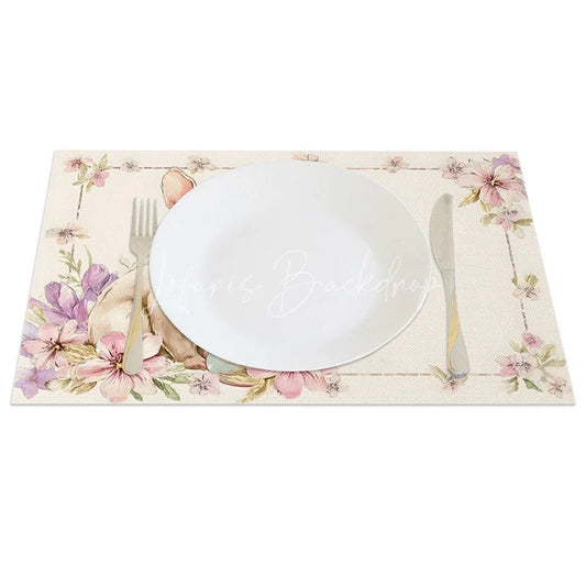 Lofaris Pink Blossom Easter Bunny Set of 4 Placemats Blue Egg Rabbit Spring Table Mats for Holiday