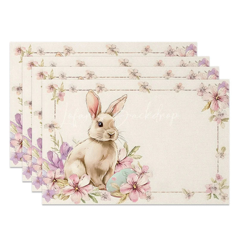 Lofaris Pink Blossom Easter Bunny Set of 4 Placemats Blue Egg Rabbit Spring Table Mats for Holiday