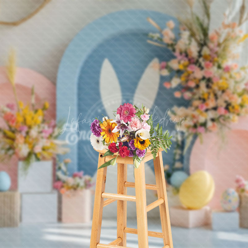 Lofaris Pink Blue Arch Bunny Floral Eggs Easter Backdrop