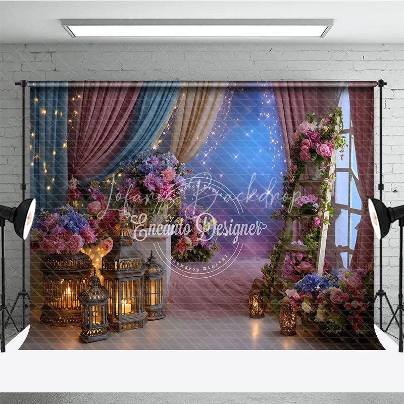 Lofaris Pink Blue Floral Photography Backdrop with Lanterns and Starry Sky Dreamy Fairy Tale Party Decor