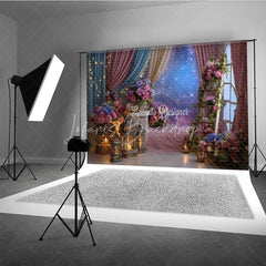 Lofaris Pink Blue Floral Photography Backdrop with Lanterns and Starry Sky Dreamy Fairy Tale Party Decor