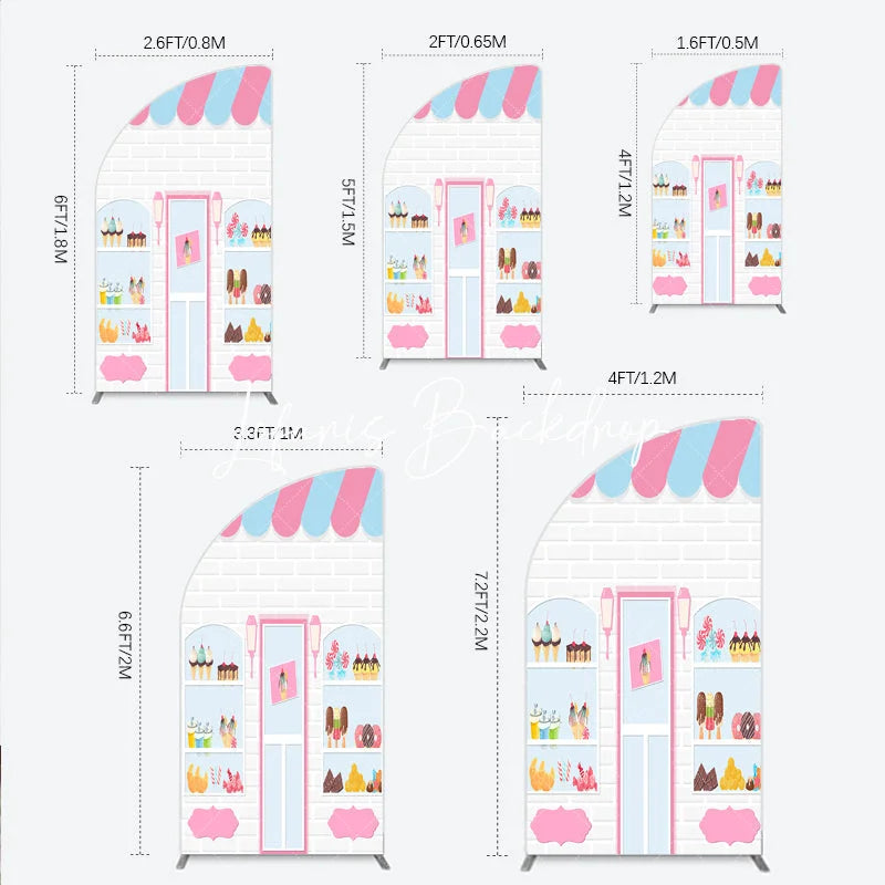 Lofaris Pink Blue Striped Awning Candy Shop Ice Cream Half Moon Arch Backdrop Sweet Dessert Birthday Party Decor