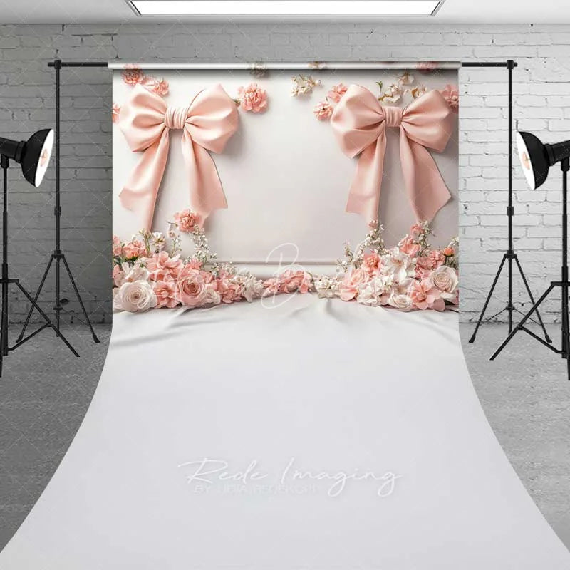 Lofaris Pink Bow 3D Floral Cloth Sweep Photography Backdrop Elegant Wedding Relief Flower Silk Floor Photo Prop