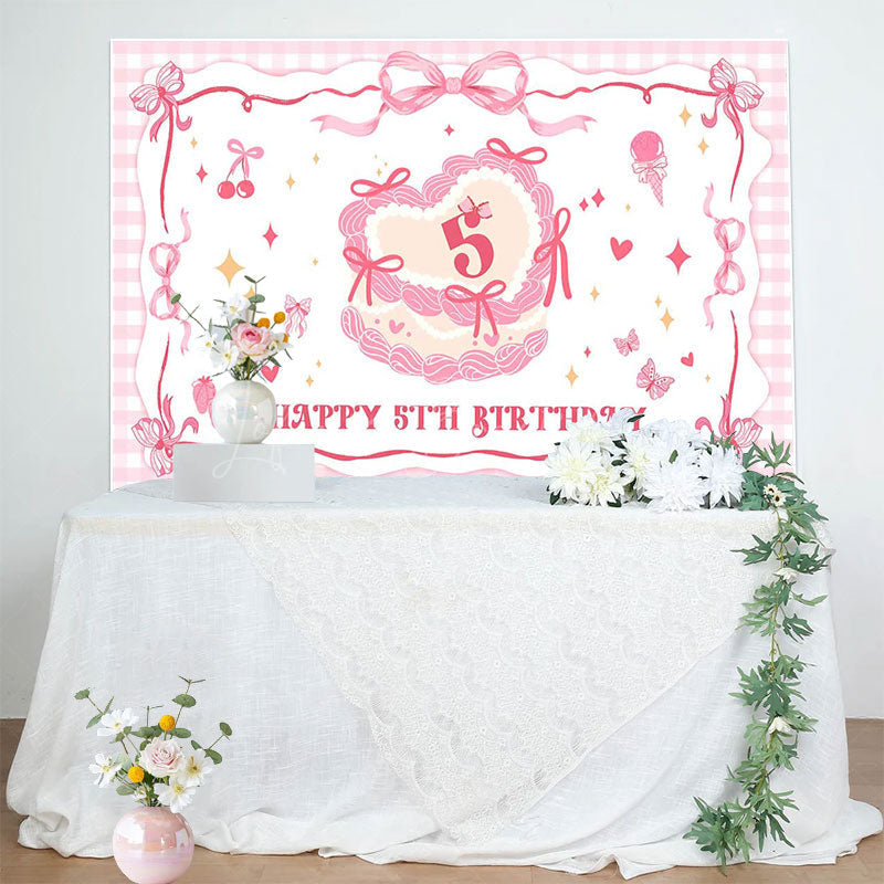 Lofaris Pink Bow Cream Cake Plaid Happy 5th Birthday Backdrop