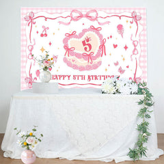 Lofaris Pink Bow Cream Cake Plaid Happy 5th Birthday Backdrop