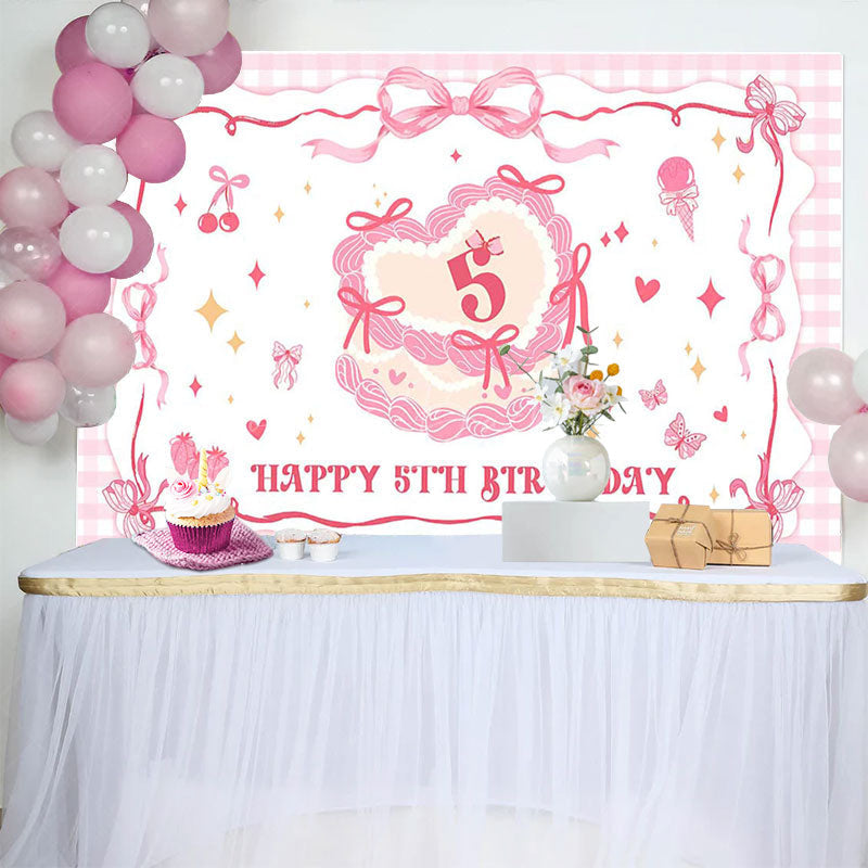 Lofaris Pink Bow Cream Cake Plaid Happy 5th Birthday Backdrop