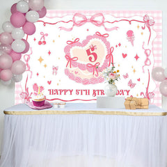 Lofaris Pink Bow Cream Cake Plaid Happy 5th Birthday Backdrop