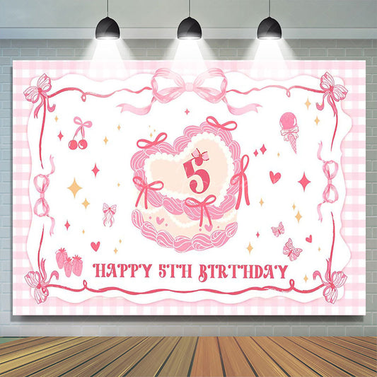 Lofaris Pink Bow Cream Cake Plaid Happy 5th Birthday Backdrop