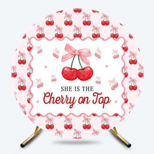 Lofaris Pink Bow Red Cherry On Top Round Birthday Backdrop