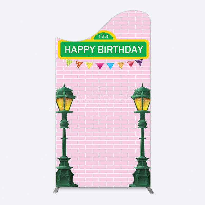 Lofaris Pink Brick Wall Old Lamp Happy Birthday Arch Backdrop