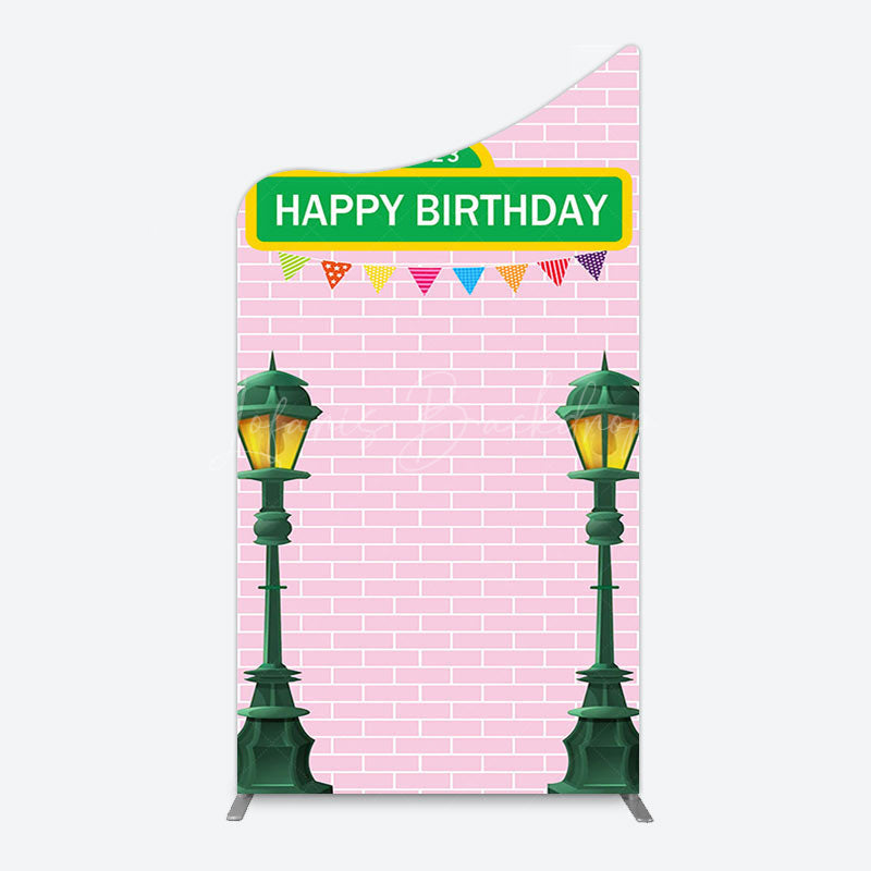 Lofaris Pink Brick Wall Old Lamp Happy Birthday Arch Backdrop