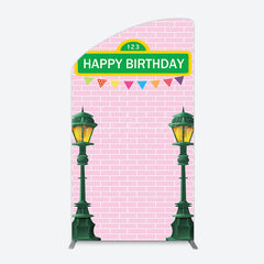 Lofaris Pink Brick Wall Old Lamp Happy Birthday Arch Backdrop