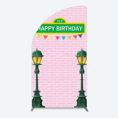 Lofaris Pink Brick Wall Old Lamp Happy Birthday Arch Backdrop