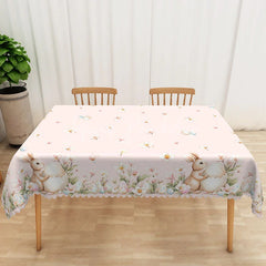 Lofaris Pink Bunny Holding Egg Rectangle Tablecloth Cute Rabbit Floral Border Table Cover Easter Holiday Baby Shower Decor