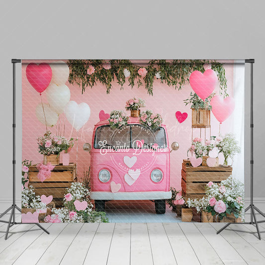 Lofaris Pink Bus Floral Plant Romantic Valentines Day Backdrop
