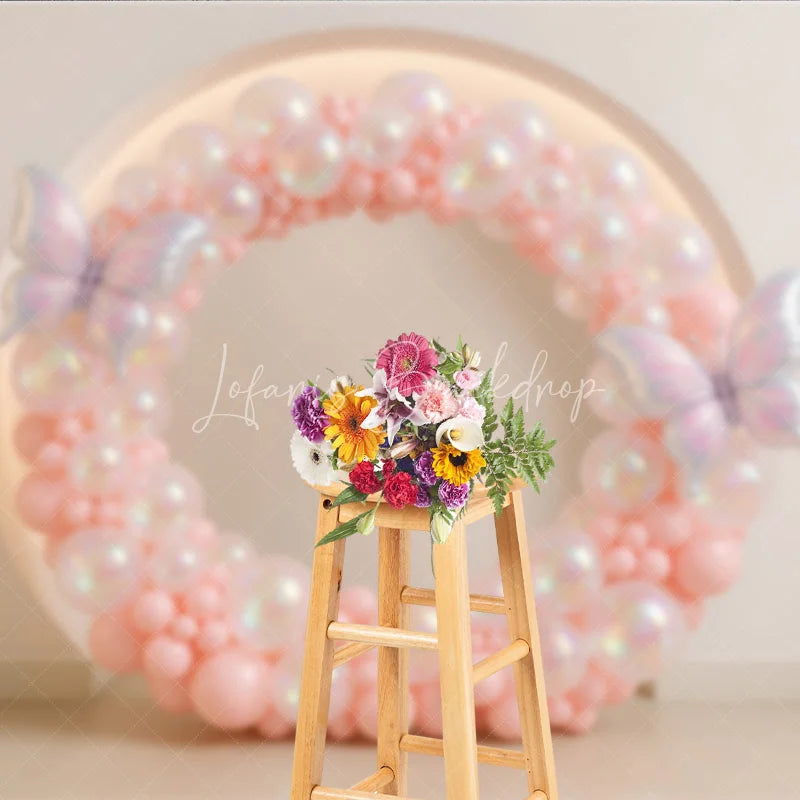 Lofaris Pink Butterfly Balloon Wreath Photography Backdrop Iridescent Balloons for First Birthday Girl’s Cake Smash Decor