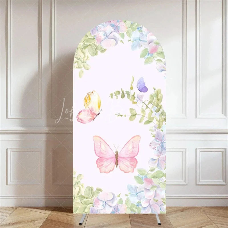 Lofaris Pink Butterfly Floral Arch Cover Girls Birthday Backdrop with Blossoms Spring Garden Party Photo Decor