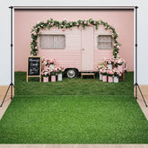 Lofaris Pink Camper Floral Spring Grass Combo Set Backdrop